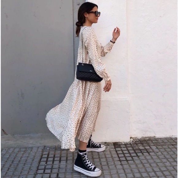 Zara Satin Polka Dot Long Sleeve Midi Dress - Picture 5 of 15